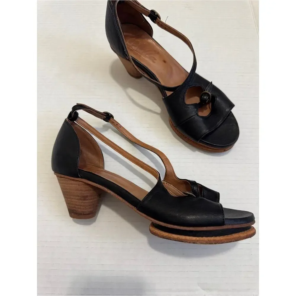 Pepe Monjo Argila Black Leather Strappy Platform Heels Womens 7.5 Boho Classic